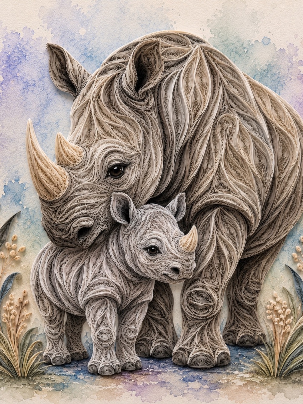 8x8 Black Framed Quilled Mother & Baby Rhino Wall Art | Wildlife Paper Art Print